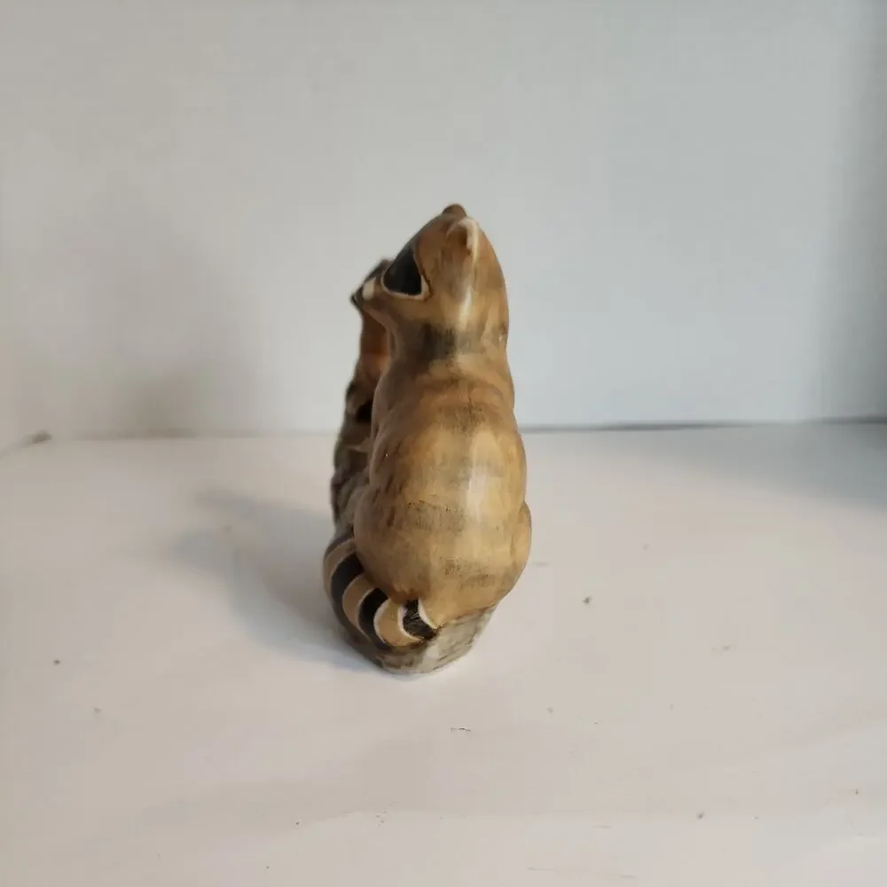Vtg Ceramic Mother and Baby Raccoons on a Log Figurine Handpainted in Wisconsin